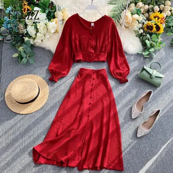 

Fashion two piece set women v-neck sexy crop top blouse shirt + slim a-line skirt suits woman spring autumn outfit clothes sets