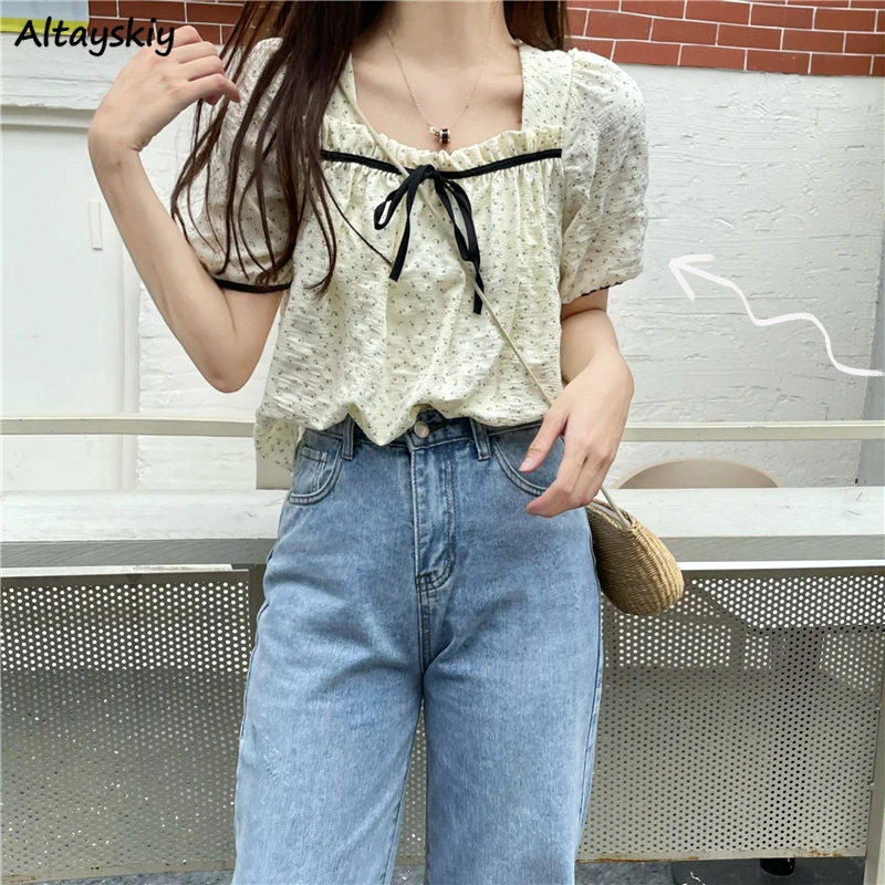 Blusas con cuello cuadrado para mujer, blusas básicas con lazo, ajustadas, modernas y elegantes, Ulzzang|Blusa| -