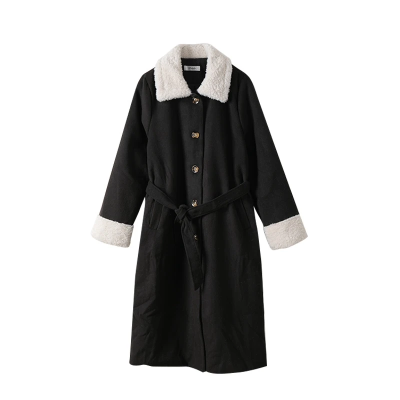 Black Coat Women RICININA, Длинная женская куртка, меховой воротник, пояс, пуговицы, карман, пэчворк, овечья шерсть, пальто, женская элегантная куртка, зимнее женское пальто - Цвет: Black Coat Women