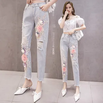 

Industrial Embroidery Flowers with Holes Jeans 2020 Spring Sequin Beads Denim Pants Women's Summer Jeans Ladies Jean Pants Femme