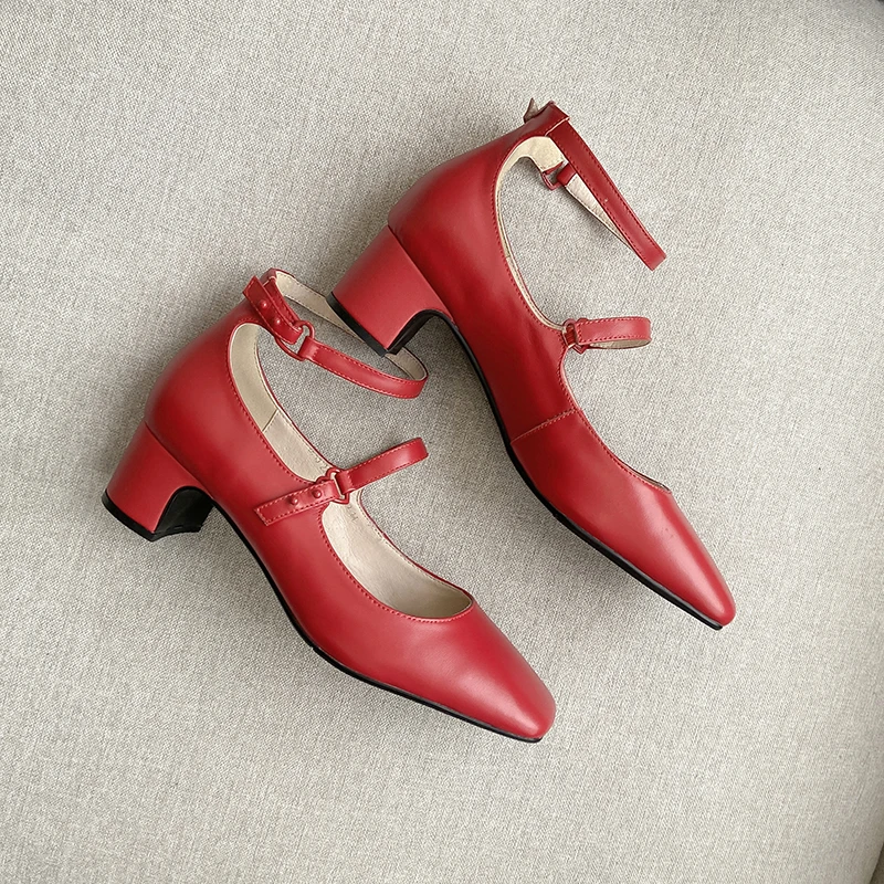 Genuine Leather Square Heeled Shoes Woman Slingbacks Pumps Elegant Women Dress Shoes Round Toe Office Ladies Shoes