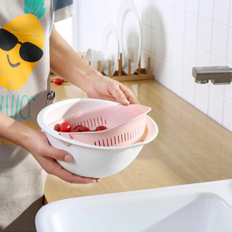Household Fruit Drain Basket Double Drain Basket Bowl Kitchen Strainer Noodles Vegetables Fruit Gift High Capacity