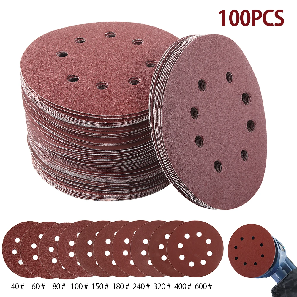 

100pcs 5 Inch Hook Loop Sanding paper with 8 Hole Sand Pads Set 40 Grit-600 Grit Sander Disc Abrasives for Polish Machine