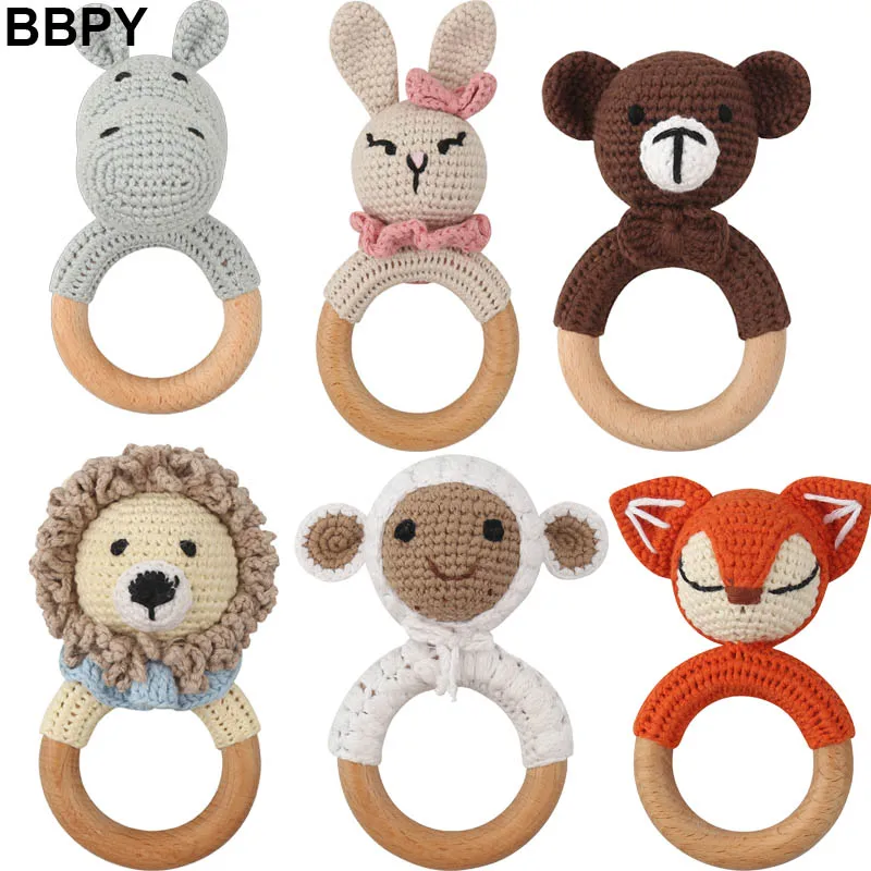 

Crochet Wooden Ring Teether Safe Cute Wooden Teether Rattle Chewing Teething Nursing Soother Molar Infant Toy Accessories