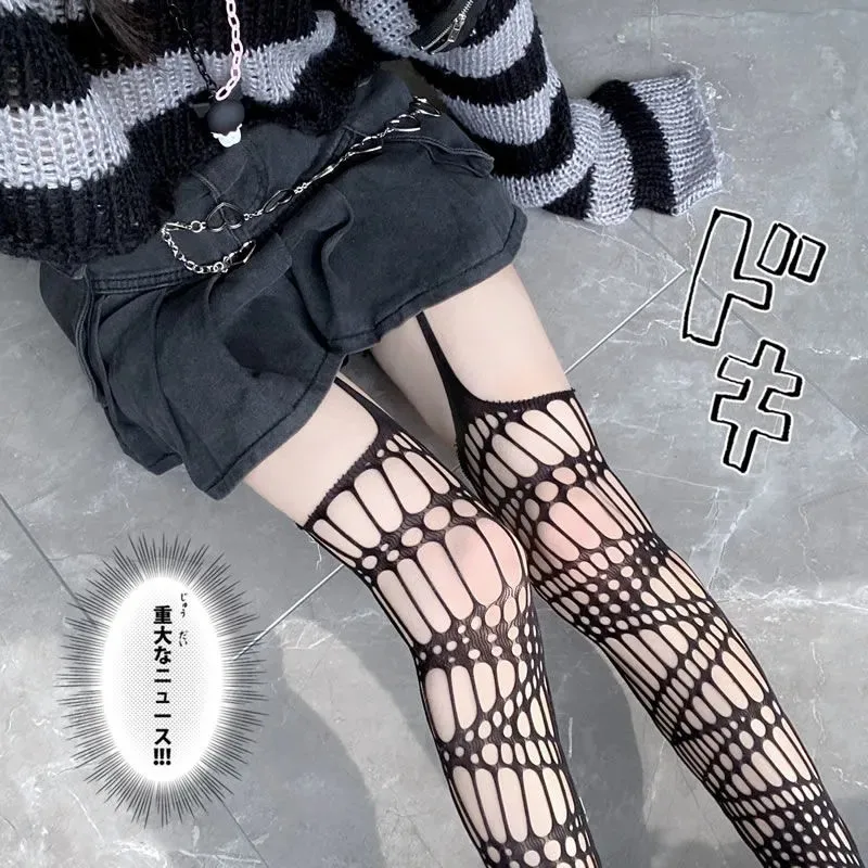 Japanese Harajuku Hollow Out Fishnet Body Stockings Women Fashion Black Gothic Pantyhose Cosplay Costume Anime Lolita Tights fishnet stockings