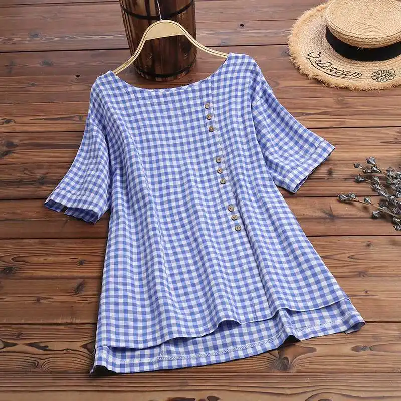 Для женщин блузка в клетку стильные летние топы ZANZEA Кнопка Blusas женский короткий рукав футболки женские повседневные Туника сорочка