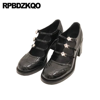 

genuine leather 3 inch brand designer shoes women high heels handmade brogue pumps small size block round toe mary jane strap