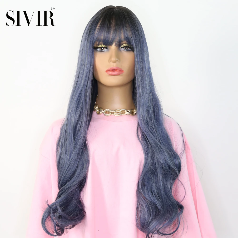 

Sivir 28inch Long Wave Synthetic Wigs with Bangs Blue Brown Wig for white Women Heat Resistant Hair Free Shipping