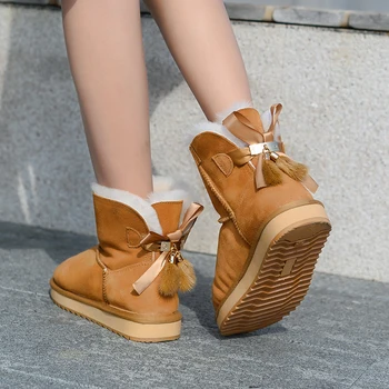 

VCXZ The new high quality women winter warm boots Cowhide leather wool fur lined and bowknots tassels fashion girls snow boots