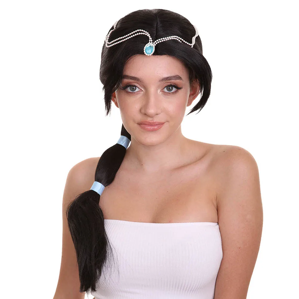 

HPO Synthetic Black Long Costumes Princess Jasmine Aladdin Makeup Cosplay Wigs Anime Masquerade Halloween Party Animation Wig