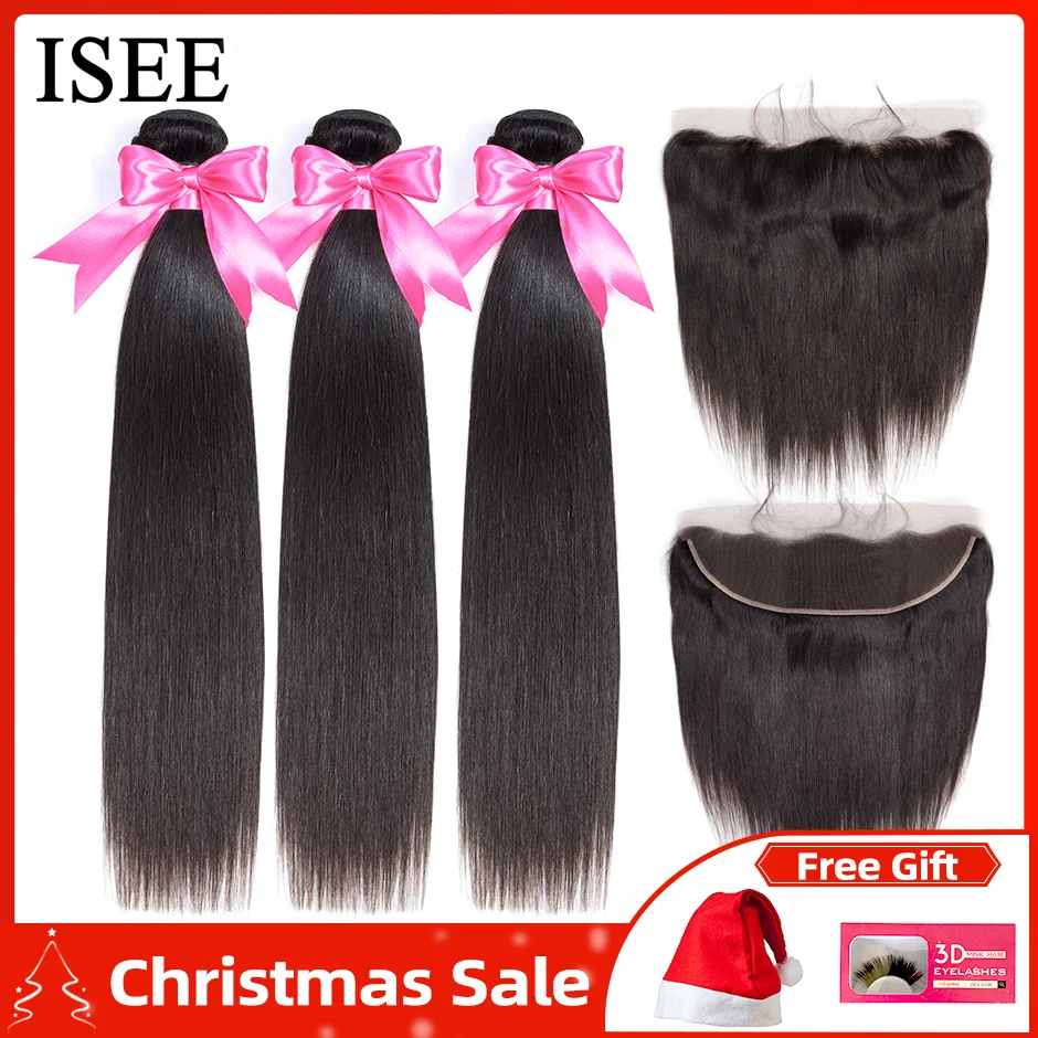 Baratos Veo pelo brasileño recto pelo mechones con Frontal 13*4 Frontal de encaje con mechones de cabello humano Remy mechones con Frontal