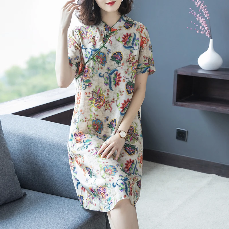 Винтажное женское вечернее платье размера плюс M-4XL, элегантное китайское платье Чонсам с цветочным принтом, летнее женское мини-платье Vestidos