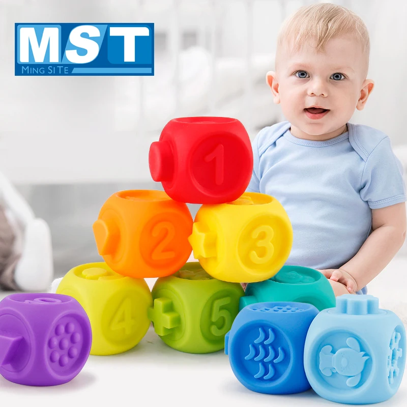 

10 PCS Baby Toys Educational Soft Rubber Building Blocks Massage Squeeze Bath Toys Kids Hand Grasp 3D Hanging Ball For Babies