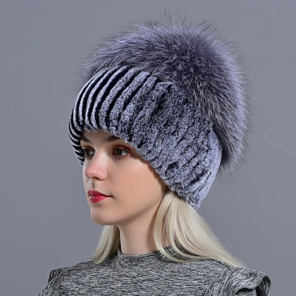 winter women hats fox rabbit fur pompom skullies beanies warm elastic fashionable fluffy thick outdoor stylish natural fur hats - Цвет: Grey