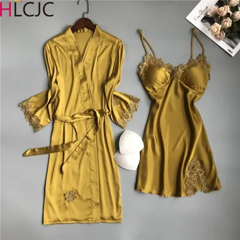 

Autumn Winter Women Nightgown Sets 2 Pieces Nightdress Bathrobe With Chest Pad Female Satin Kimono Bath Gown Sleepwear Robe Set