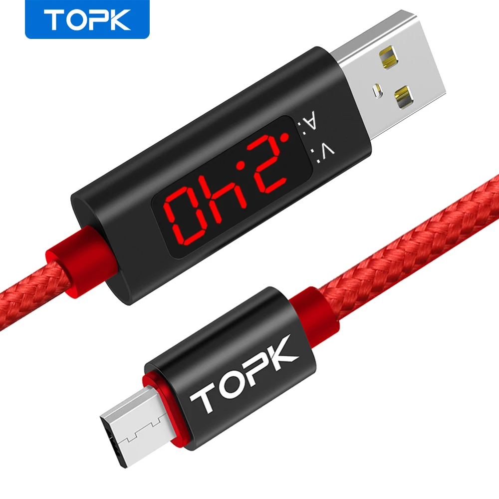 TOPK AC27 микро USB кабель 1 м напряжение и ток дисплей нейлоновый Плетеный Прочный для
