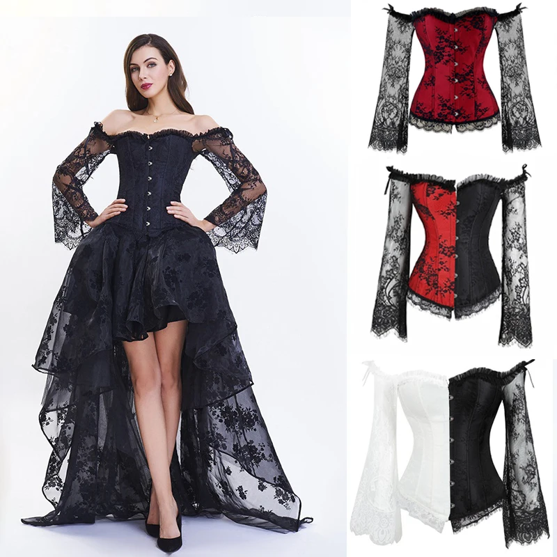 

New Fashion Gothic Lace Court Corset Clothing Sexy Leaky Shoulders Long Sleeve Bustier Steampunk Corset Elegant Black Skirt