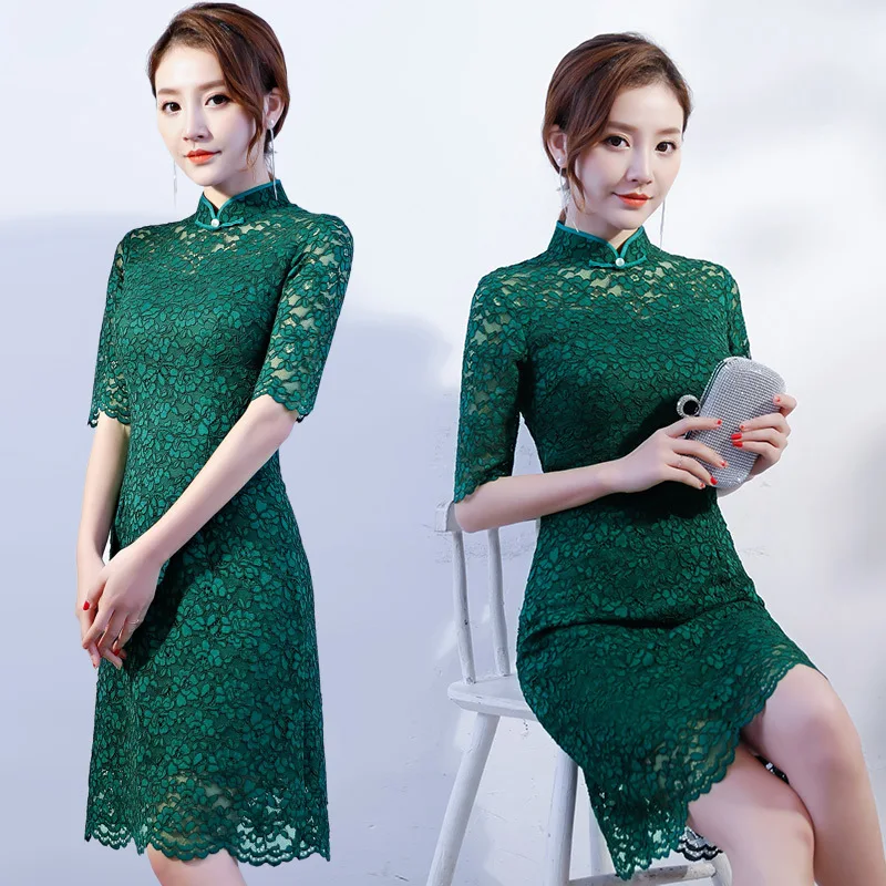 Новое поступление в китайском стиле Для женщин короткий рукав кружево Qipao