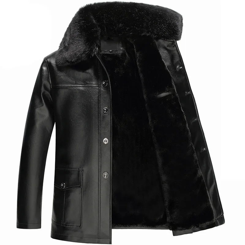 black fur Новинка года, осенне-зимняя мужская куртка из толстой искусственной кожи с бархатом, Мужская модная повседневная теплая куртка в деловом стиле для мужчин, верхняя одежда - Цвет: black fur