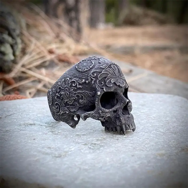 Mens flower skull ring 316L stainless steel heavy for men