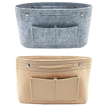 

2x Beige/Gray Women Fashion Felt Cloth Inner Bag Fits in Insert Handbag Multi-Pockets Cosmetic Bags Storage