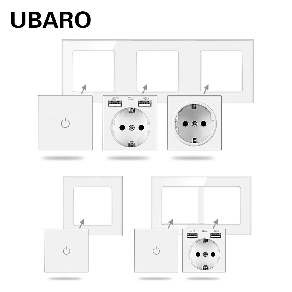 H71c143b693964298ad5509a259be808f8 UBARO EU Luxury Crystal Glass Panel Wall Light Touch Switch With Usb Socket Combination Electrical Outlet Sensor Button 220V