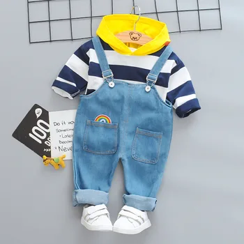 

Toddler Boys Striped Clothes 2020 Autumn Rainbow Outerwear Cotton Children Long-sleeve Hooded T-Shirt + Denim Overalls Outfit