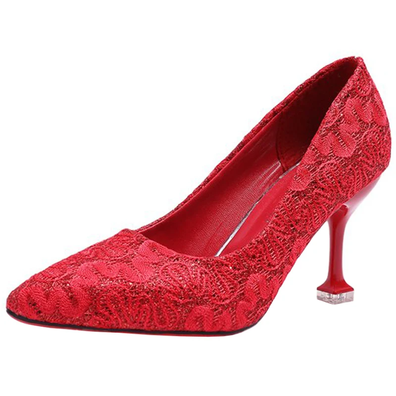 Остроносые туфли на шпильках с закрытым носком Красные свадебные каблуке