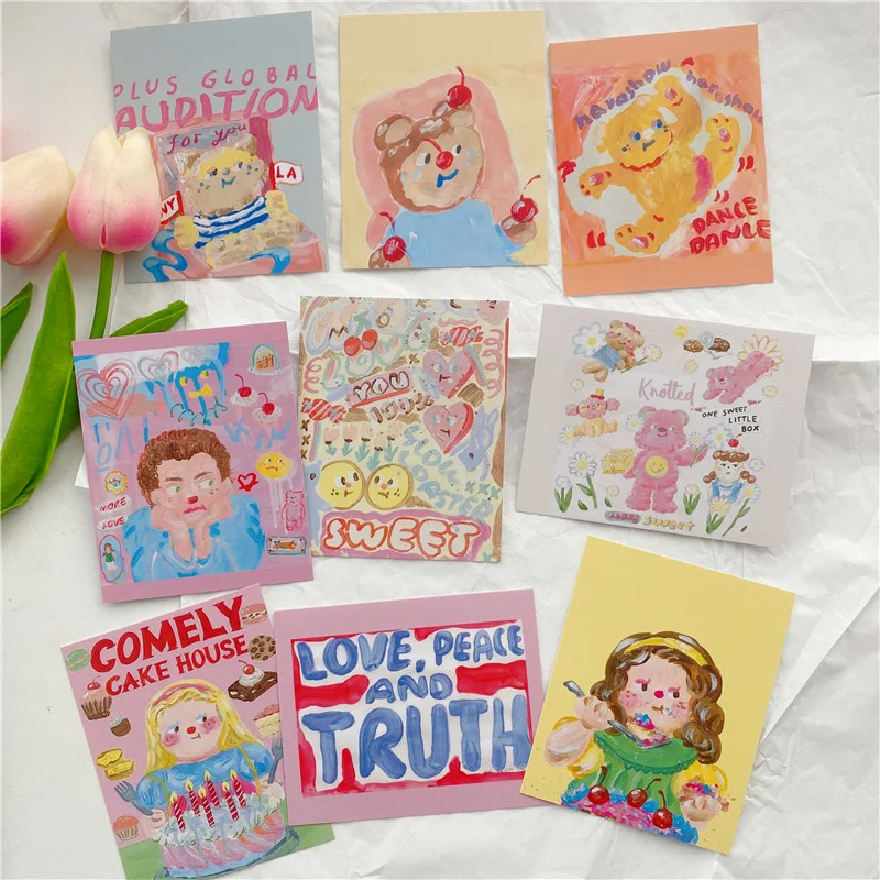 

9 Sheets INS Cartoon Cute Bear Postcard Single Side Oil Painting Decoration Card Diy Background Wall Sticker Gift Greeting Cards
