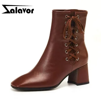 

ZALAVOR Women Ankle Boots Genuine Leather Cross Strap Office Ladies High Heel Boots Square Toe Winter Shoes Women Size 34-39