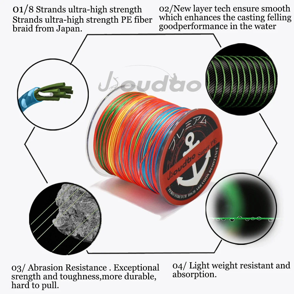 Jioudao PE Braid Fishing Line 300M 8 Strands Multifilament Braided Fishing Wire Carp Fishing 8lb-160lb for Freshwater Saltwater