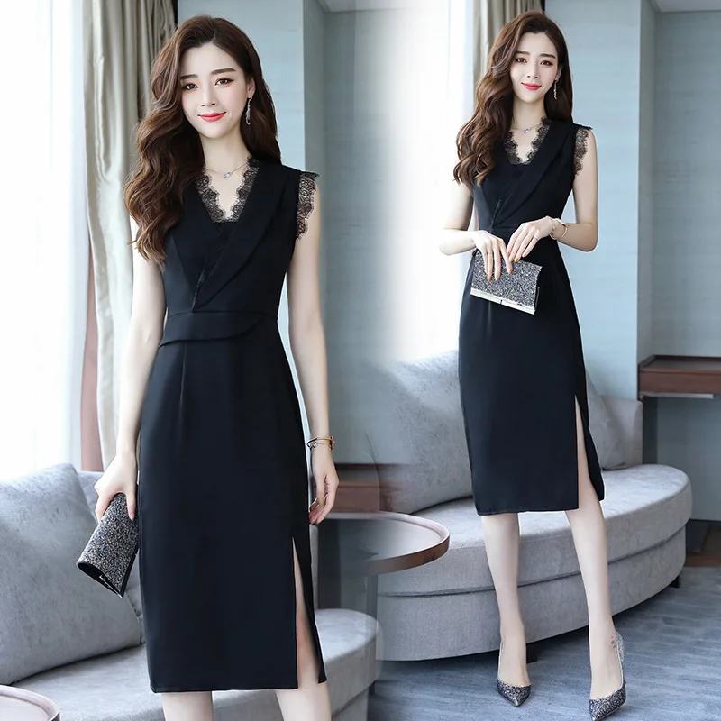 

2019 New Style Debutante Elegant V-neck Slim Fit Chiffon Dress Korean-style Elegant Ol Feminine Skirt Summer