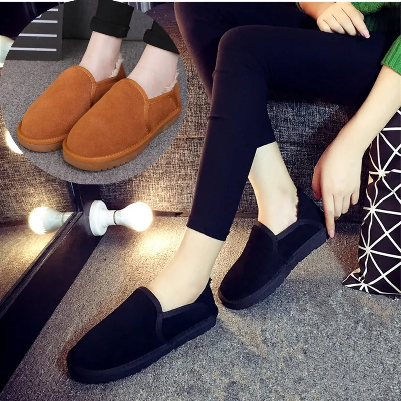 

Snow Boots Women's Short Korean-style Genuine Leather Warm Flat Short Boots Winter plus Velvet Versatile Students Lazy Cotton-pa