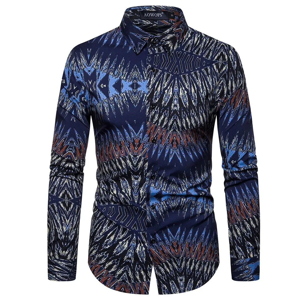 Feather Men Shirt Ethnic Style Retro Vintage Printed Shirts Slim Long Sleeves Camisas Hombre Blouse Cotton Polyester Streetwear