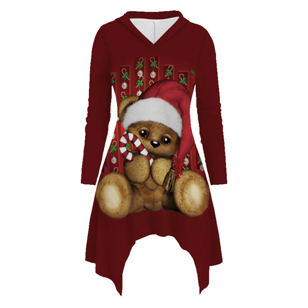 

Christmas Blouse Women Eindeer Heathered Christmas Printing Long Sleeve Hooded Blouse Top