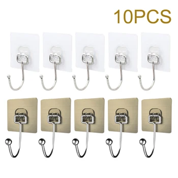 

10pcs/pack Bathroom Kitchen Reusable Home Drill Free Self Adhesive Hanger Multi Angle Storage Waterproof Wall Hooks Behind Door