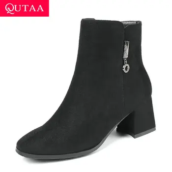 

QUTAA 2020 Crystal Fashion Square High Heel Zipper Ankle Boots Scrub Round Toe Autumn Winter Casual Women Shoes Big Size 34-43