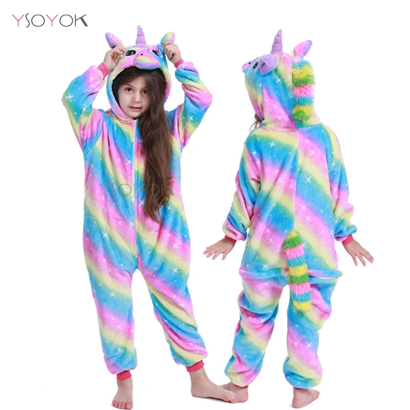 Kigurumi/Детские пижамы для мальчиков и девочек; пижамы с единорогом; фланелевая Детская Пижама; комплект одежды для сна с животными; зимние комбинезоны - Цвет: Rainbow Star Unicorn