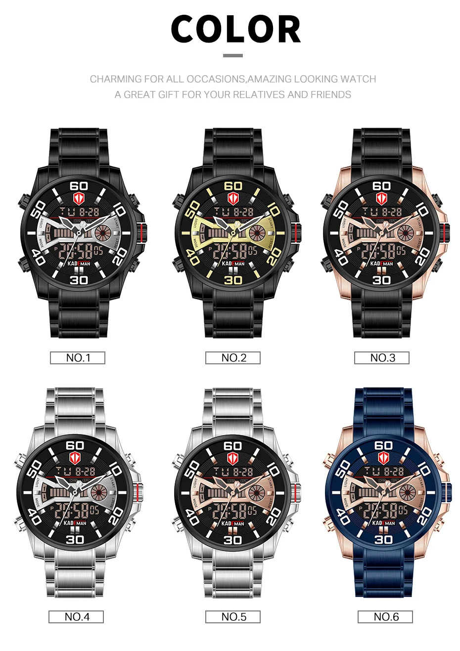 K6171 Роскошные мужские часы Tech светодиодный спортивные мужские часы полностью стальные 3ATM цифровые наручные часы бренд KADEMAN повседневные деловые