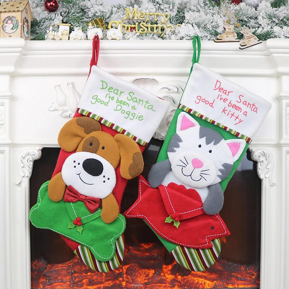 

1pc Christmas Stockings Socks Cat Dog New Year Candy Bag Christmas Decorations Xmas Tree Ornaments Party Kids Gift Bags