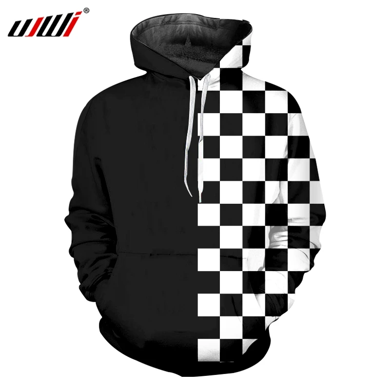 

UJWI Winter New Hoodies Man Hot Loose 3D Printed Black and white plaid Personality Plus Size 6XL Tops Tees Unisex Hoody