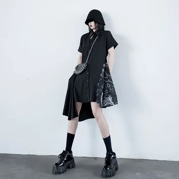 

Loose Original Style Women Black Print Patchwork Irregular Fashion Design Short Sleeve Dress 2020 Summer New Dress DMY4157