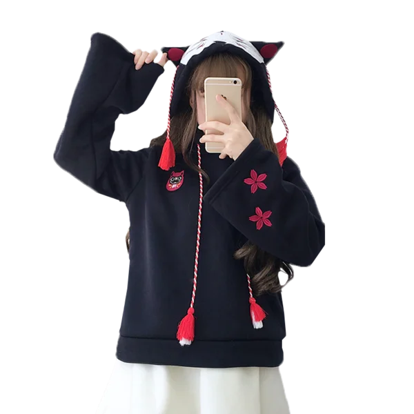 Harajuku Осенняя мода с длинным рукавом кроп Топы для женщин лиса уха толстовки с капюшоном, худи лоскутное пуловеры вышивка Толстовка