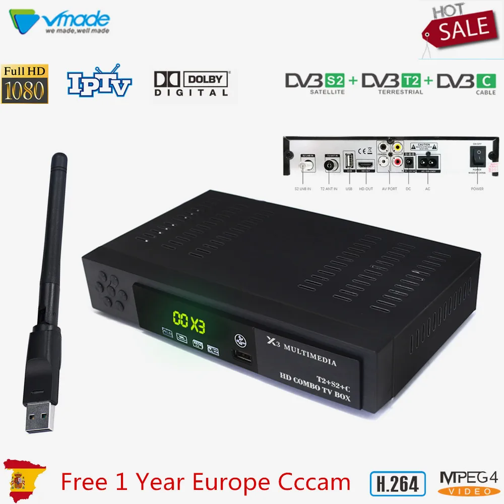 

DVB-T2/S2 + DVB-C Combo HD Digital Terrestrial Satelliter TV Receiver With 1 Year Europe Cccam + USB WIFI Support Dolby AC3 IPTV
