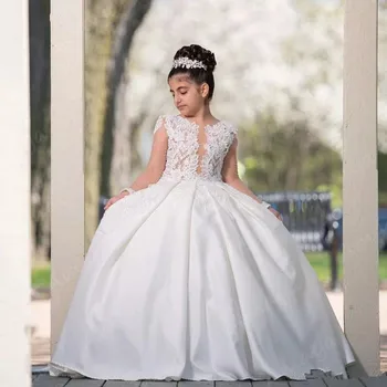 

Amaya White Satin Holy Communion Gowns Princess Flower Girl Dresses for Wedding Lace Appliques Kids Prom Dress Vestidos Niña