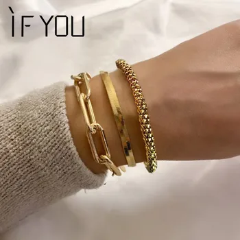 

3 PCS Punk Gold Color Stacking Thick Chain Bracelet for Women Hip Hop Layered Geometric Snake Chain Bracelet Set Pulseras