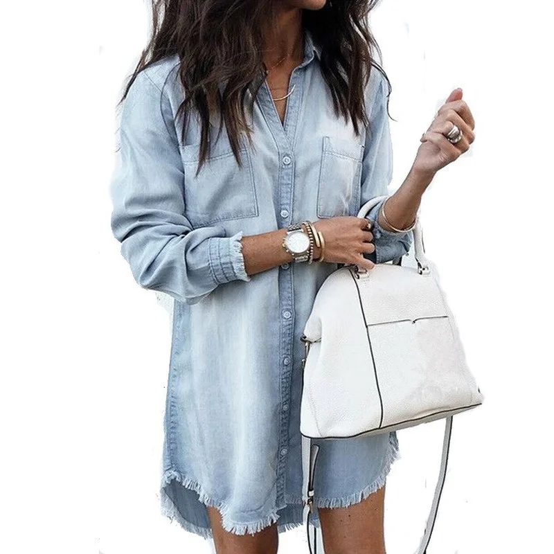  Women Long Shirts Spring Fall Casual V Neck Blouse Tassel Denim Top Ladies Tunic Long Sleeve Long T