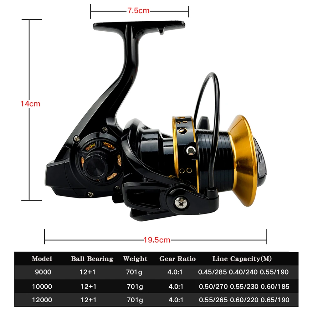 Fishing Reel 9000/10000/12000 Series Spinning Reel Left/Right 12+1BB Drag  20-30kg Max Drag Power