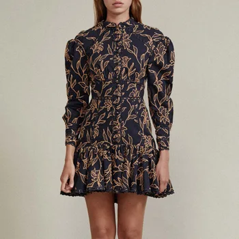 

Vintage Flower Embroidery Women Dress Puff Sleeve Trim Ruffles Dresses M0310