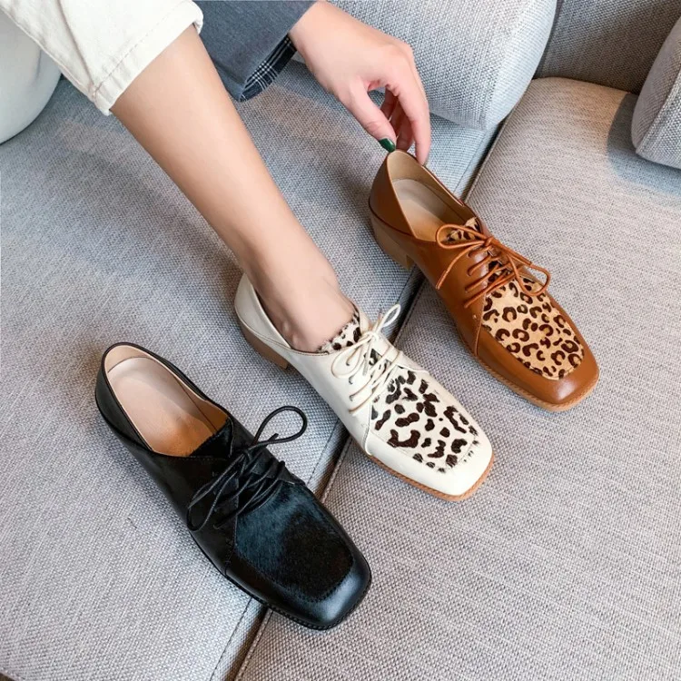 

Casual Shoes Women's Low Heel Mixed Colors Leopord Pattern Cross Lace-up Square Head Chunky-Heel Loafers Core WOMEN'S Shoes